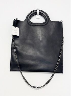 NWT Falor Italy Black Leather Tote Bag with chain strap